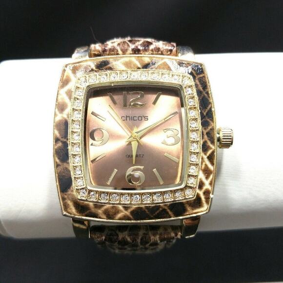 Chico's Faux Snake Skin Leather Watch, Clear Rhinestone Frame, 9 Inches - Picture 2 of 10